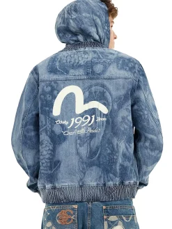 Giacca in denim con cappuccio e stampa laser Fisherman Godhead