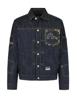Giacca in denim regular fit con toppa in broccato e multi-tasche