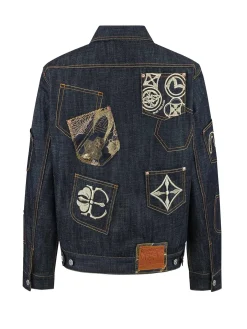 Giacca in denim regular fit con toppa in broccato e multi-tasche