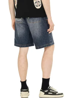 Shorts in denim oversize con tasche stampate a gabbiano